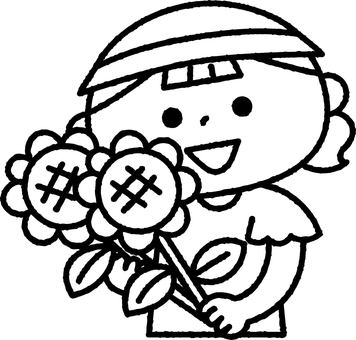 ひまわりを持つ女の子モノクロ 人物,子供,女の子,ひまわり,花束,かわいい,夏,笑顔,イラスト,カットのイラスト素材
