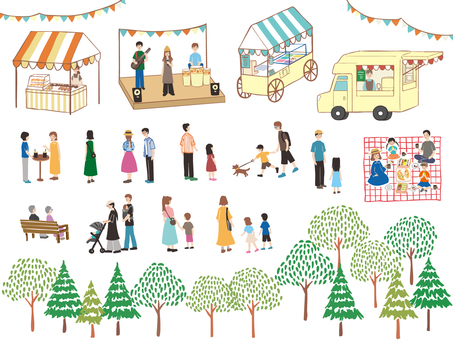 休日マルシェのイラストセット＊ヨコ型B マルシェ,マーケット,ファーマーズマーケット,休日,フェスティバル,祭り,手づくり市,ロハス,フリーマーケット,人物のイラスト素材