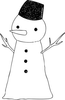 モノクロのゆきだるま スノーマン,冬,雪,人参,手書き,木の枝,帽子,バケツ,モノクロ,線画のイラスト素材