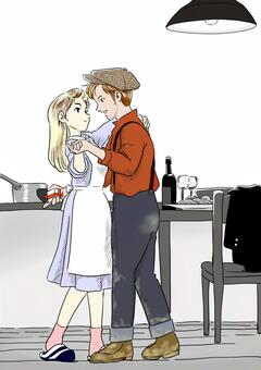 ささやかなクリスマスイブ クリスマス,新婚家庭,プレゼント,労働者,帰宅,エプロン,食卓,ブロンド,キャスケット,幸せのイラスト素材