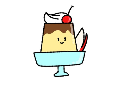 プリンアラモード 笑顔,かわいい,擬人化,プリン,プリンアラモード,喫茶店,食べ物,シンプル,線画,ほほ笑みのイラスト素材