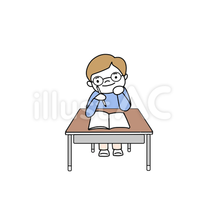 小学校一年生。楽しそうにお勉強(色付き)