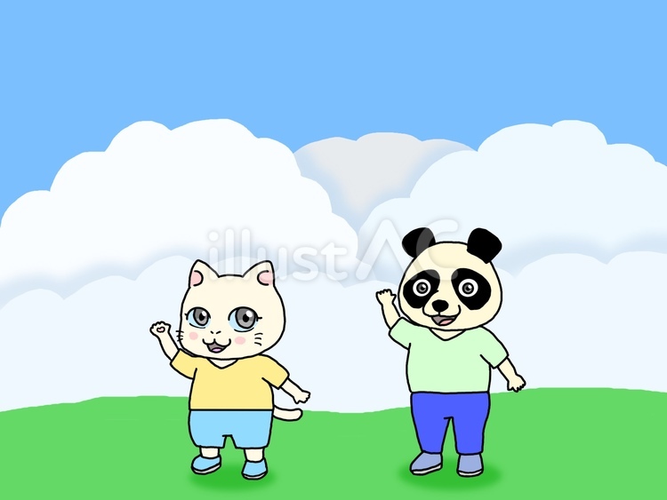 ネコとパンダと入道雲 ねこ,パンダ,動物のイラスト素材