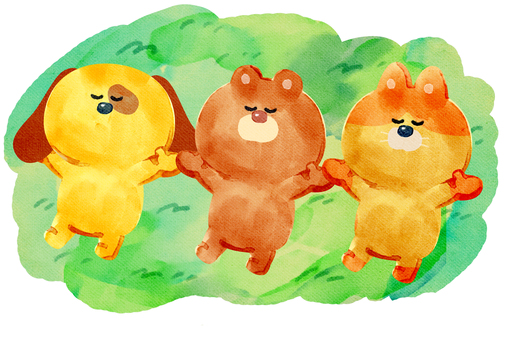 水彩画_みんなでお昼寝_01 熊,猫,犬,動物,手描き,水彩画,寝転がる,仰向け,昼寝,原っぱのイラスト素材