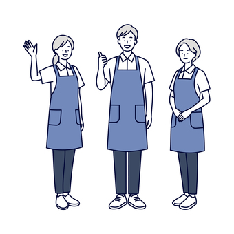 笑顔で挨拶するエプロンスタッフ男女三人 人物,男性,女性,エプロン,笑顔,挨拶,手,制服,立つ,若者のイラスト素材