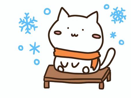 ベンチに座って雪を眺めるかわいい白ねこ ねこ,ベンチ,雪,座る,マフラー,冬,結晶,寒い,ゆるい,シンプルのイラスト素材