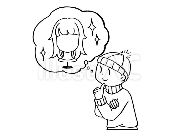 【白黒】ウィッグの事を考える女性【線画】 ウィッグ,カツラ,医療用ウィッグのイラスト素材