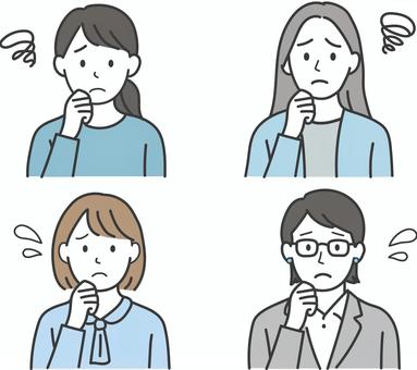 悩む・困る顔の働く女性のセット 悩む,困る,困った,私服,人物,不安,心配,ストレス,迷う,バストアップのイラスト素材