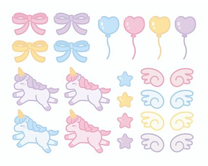 ゆめかわいいイラスト素材セット ゆめかわ,かわいい,きらきら,星,風船,ハート,ユニコーン,馬,動物,デフォルメのイラスト素材
