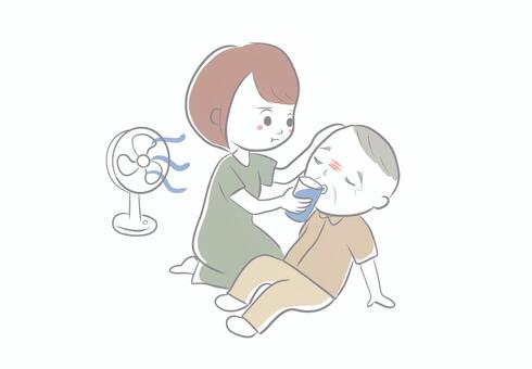 熱中症で倒れた高齢者の介抱・応急処置 熱中症,対策,応急処置,介護,高齢者,水分補給,扇風機,介抱,脱水症状,夏のイラスト素材
