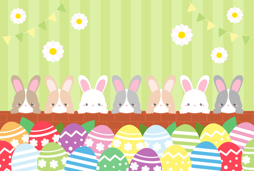 イースターエッグとうさぎと花のイラスト3 イースター,春,イースターエッグ,うさぎ,花,ガーランド,かわいい,おしゃれ,イラスト,素材のイラスト素材