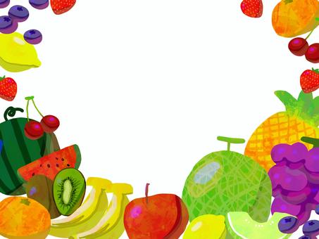 手描き　くだもの　フレーム 果物,セット,食べ物,フルーツ,りんご,バナナ,サクランボ,メロン,スイカ,ぶどうのイラスト素材