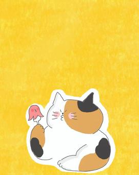 タコさんウインナーと三毛猫ちゃん♪ かわいい,ウインナー,タコ,食べ物,食べる,ねこ,三毛猫,動物,いきもの,ペットのイラスト素材