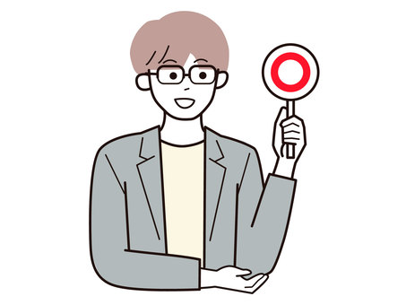 マルの札を持った働く男性A/カラー マルの札を持った働く男性A/カラー 丸,札,笑顔,男性,お父さん,会社員,アドバイザー,20代,30代,40代のイラスト素材