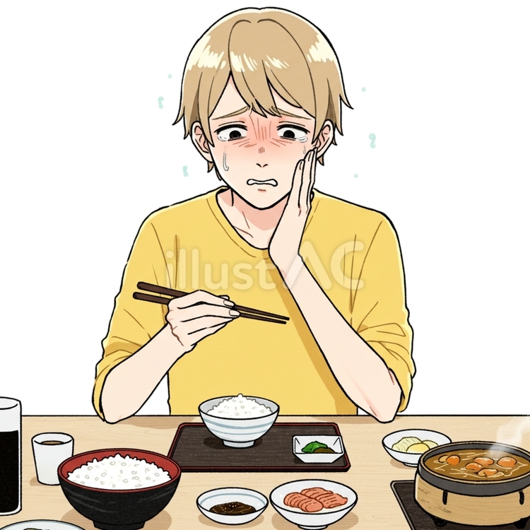 歯に痛みを感じている姿 男性,ご飯,カットソーのイラスト素材