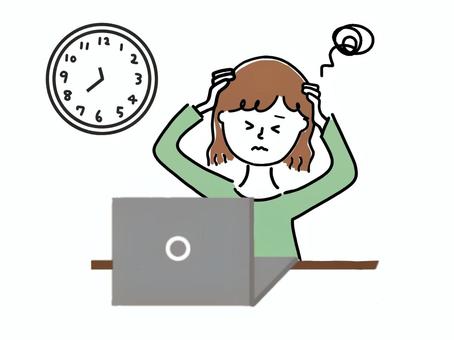 パソコンの前で悩む女性/残業/トラブル 悩む,トラブル,ミス,失敗,ストレス,女性,パソコン,困る,パニック,オフィスカジュアルのイラスト素材