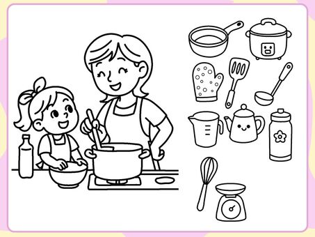 お手伝い 01　ぬりえ ぬりえ,かわいい,お手伝い,料理,趣味のイラスト素材