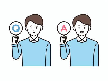 Q＆Aを持った私服姿の男性（カラー） 男性,qa,クエスチョン,アンサー,質問,疑問,問題,答え,解答,回答のイラスト素材