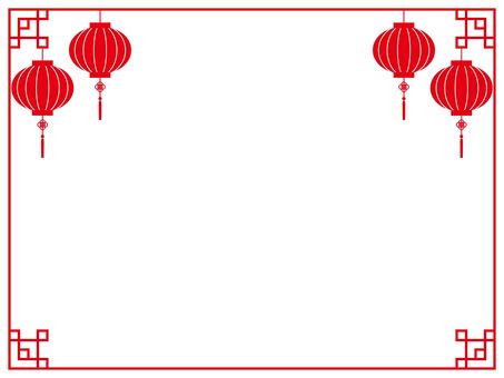 中華風ランタンのフレーム・フラット_横 中華風,中国,ランタン,提灯,あかり,フレーム,枠,飾り枠,装飾,オリエンタルのイラスト素材