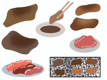 焼肉のイラスト 焼肉,食べ物,焼肉のたれ,手描き,セット,イラストのイラスト素材