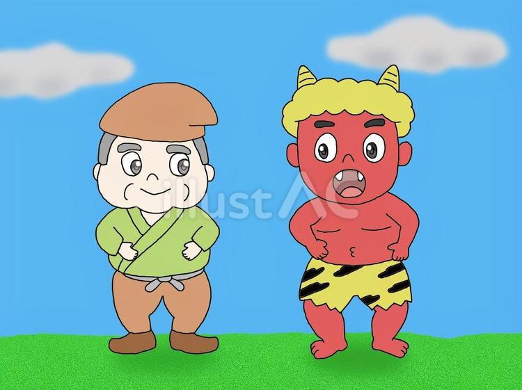 小太り爺さんと赤鬼 じいさん,こぶとり,おにのイラスト素材