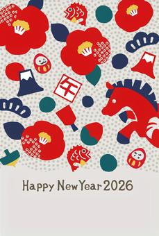 2026年可愛い賀状004 年賀状,午年,干支,2026年,午,つばき,だるま,松,鯛,椿のイラスト素材