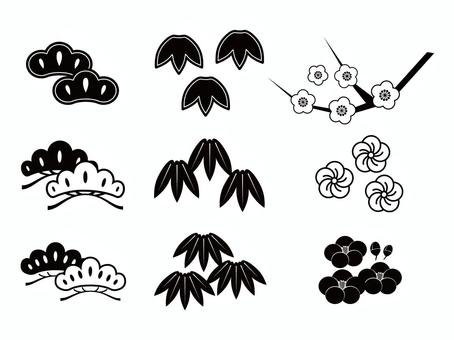 松竹梅セットモノクロ 和柄,和風,正月,松竹梅,松,竹,梅,ワンポイント,モノクロ,あしらいのイラスト素材