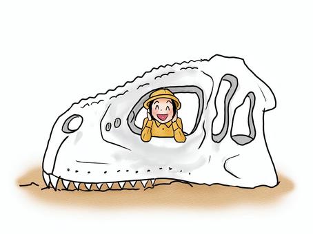 リアルなガイコツ 頭蓋骨,恐竜,ティラノサウルス,人物,大人,女性,探検,笑顔,上半身,手書きのイラスト素材