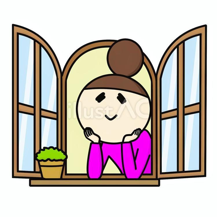 窓辺で頬杖をつく笑顔のおだんごの女性 窓,楽しみ,眺めるのイラスト素材