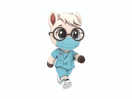 2026年の干支の馬の午の回診中の医師 年賀状,午,馬,ウマ,うま,午年,年賀状素材,医師,医者,看護師のイラスト素材