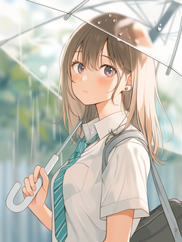 school_girl66 ピアス,美少女,高校生,制服,雨,傘,登校,少女,女の子,学生のイラスト素材