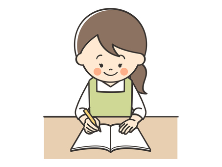 勉強をするエプロンの女性 勉強,学習,学ぶ,資格,試験,試験勉強,ノート,書く,描く,日記のイラスト素材