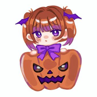 ハロウィン少女 秋,10月,女の子,カボチャ,ジャック・オ・ランタン,ムラサキ,リボン,ハロウィン,手書きのイラスト素材