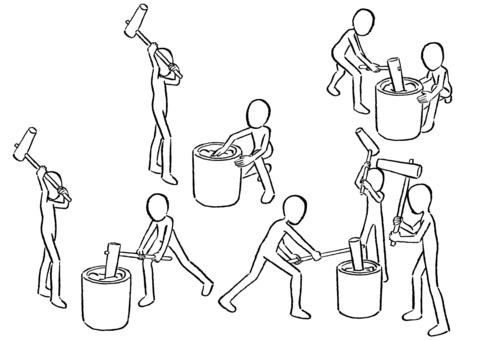 餅つき4種 墨筆 餅つき4種 墨筆 餅つき,餅,餅つき大会,杵,臼,木製,正月,年末,年越し,大晦日のイラスト素材