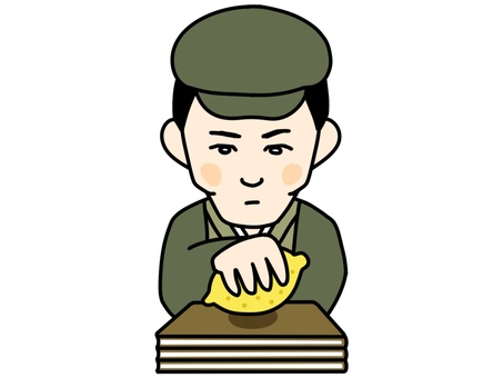 本にレモンを置こうとする梶井基次郎 梶井基次郎,似顔絵,肖像画,ゆるい,かわいい,手描き,デフォルメ,レモン,小説家,作家のイラスト素材