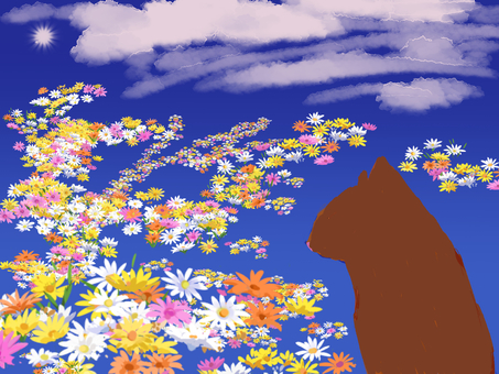 花畑と青空と猫 花畑と青空と猫 猫,シルエット,花畑,青空,テキストスペース,コピースペースのイラスト素材