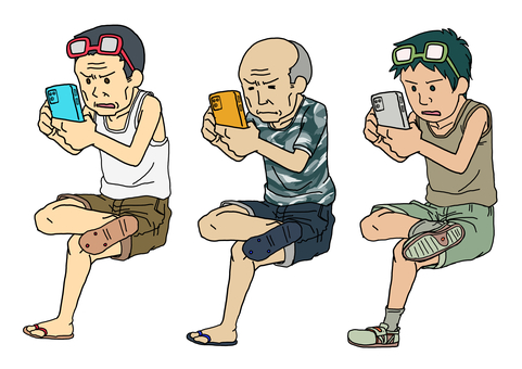 スマホガン見2 スマホガン見2 スマホ,男性,全身,メガネ,ジェスチャー,手描き,シンプルのイラスト素材