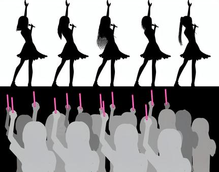推し活アイドル 推し活,アイドル,ステージ,ペンライト,大勢,ライブ,女性,グループ,シルエットのイラスト素材