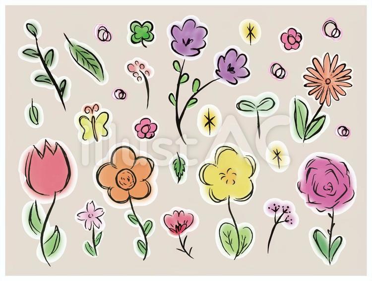 水彩風の花と葉っぱのセット 花,水彩風,葉っぱのイラスト素材
