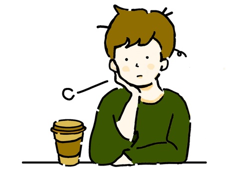 コーヒーを飲みながらため息を付く若い男性 ため息,ひと息,一息,一服,休憩,ブレイク,珈琲,コーヒー,コーヒーブレイク,コーヒーカップのイラスト素材