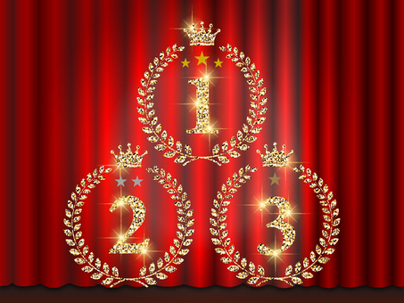 レッドカーテン背景グリッターランキング２ レッド,カーテン,オペラカーテン,月桂樹,月桂冠,王冠,ランキング,１位,２位,３位のイラスト素材