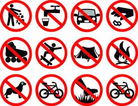 禁止サインセット② 標識,ルール,騒ぐ,ペット,写真禁止,ボール遊び,入るな,座るな,スケート,ポイ捨てのイラスト素材