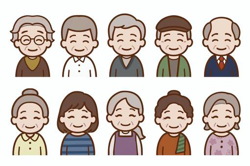 笑顔のおじいちゃん・おばあちゃん・カラー 高齢者,お年寄り,年配者,中高年,老人,50代,60代,70代,白髪,メガネのイラスト素材