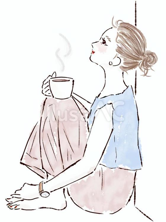 座って見上げて考えるコーヒーを持つ女性 女性,考える,横顔のイラスト素材