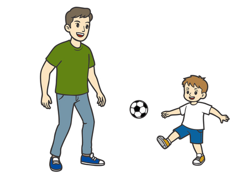 息子とサッカーをする父親 父親,男性,パパ,お父さん,息子,子供,男の子,男児,親子,サッカーのイラスト素材