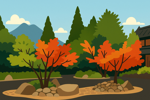 山の麓 湯布院旅館の庭園と紅葉 山の麓 湯布院旅館の庭園と紅葉 湯布院温泉,湯布院,旅館,日本庭園,紅葉,秋,風景,イラスト,シンプル,ポップのイラスト素材