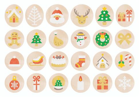 水彩風-かわいいクリスマスアイコン クリスマス,冬,イベント,サンタ,トナカイ,ツリー,家,クリスマスツリー,プレゼント,リボンのイラスト素材