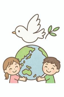 地球を抱きしめる子供たちと鳩