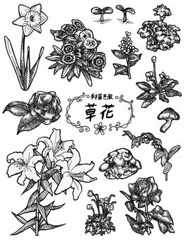 手書き風草花 手書き風,草花,植物,自然,草,花,モノクロ,おしゃれ,透過,aiのイラスト素材