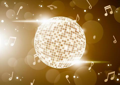 キラキラしたゴールドのミラーボールと音符 音楽,音符,記号,ミラーボール,光,フレア,玉ボケ,ゴージャス,ゴールド,背景のイラスト素材